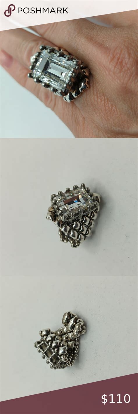 SG Sergio Gutierrez Liquid Metal Mesh Ring w/clear rectangular stone ...