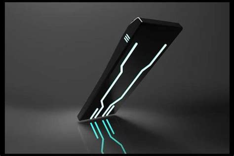 a futuristic black object with neon lines on the side and an arrow in ...