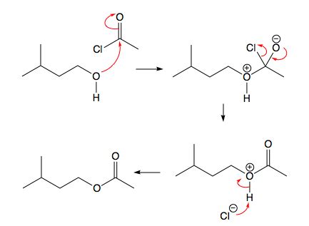 Draw a reaction mechanism using isopentyl alcohol and acetyl chloride to synthesize isopentyl ...