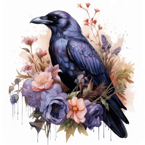 Raven With Flowers Clipart 12 High Quality Images 300 DPI - Etsy