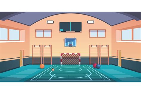 Cartoon school court. Gym with basketball basket and footbal