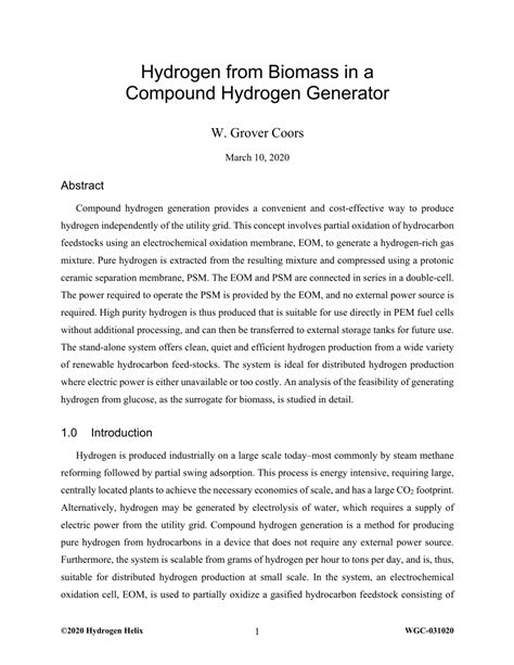 (PDF) Hydrogen from Biomass in a Compound Hydrogen Generator