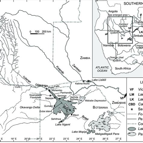 Map of the Okavango River system, southern Africa, and of the Okavango... | Download Scientific ...