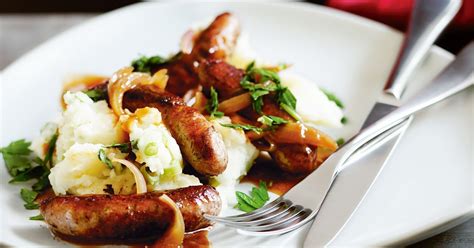 Sausages and champ mash with eschalot gravy