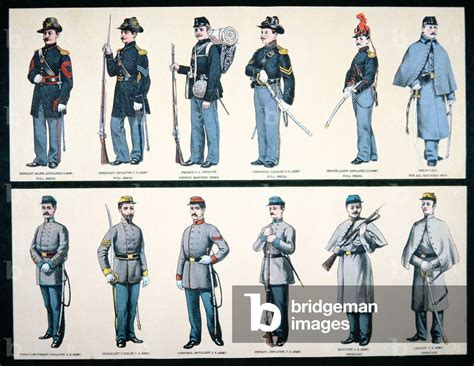 Union and Confederate Army Uniforms (colour litho) by American School, (19th century)