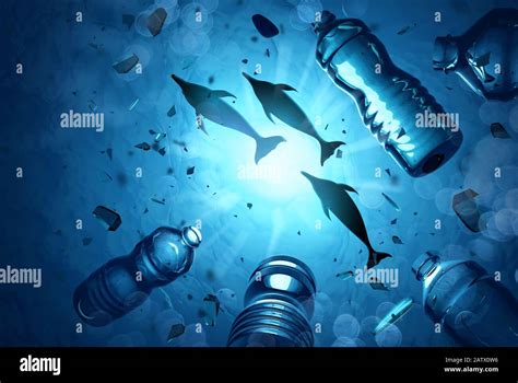 Dolphins swimming in an ocean filled with microplastics and plastic ...