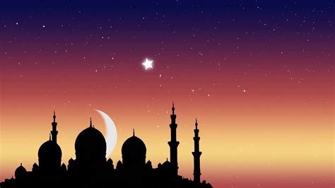 Ramadan Kareem islamic background. Moonrise over the mosque and the light of the stars. Motion ...