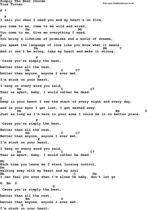 Song lyrics with guitar chords for Simply The Best