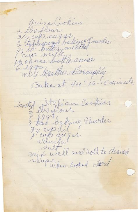 Handwritten recipe for Anise cookies and Italian frosted cookies. My ...