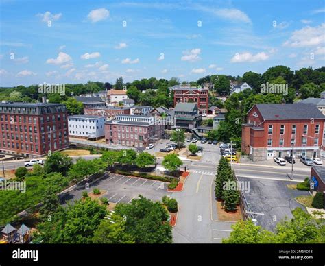 Methuen downtown aerial view at Pleasant Street and Broadway in historic city center of Methuen ...