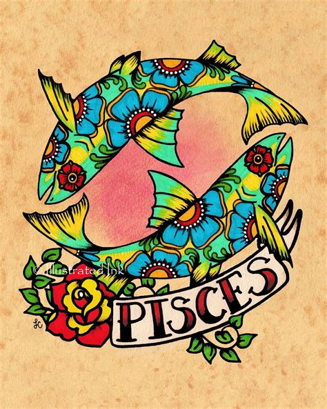 PISCES Zodiac Print Tattoo Art Fish Astrology Sign 5 x 7 8 x