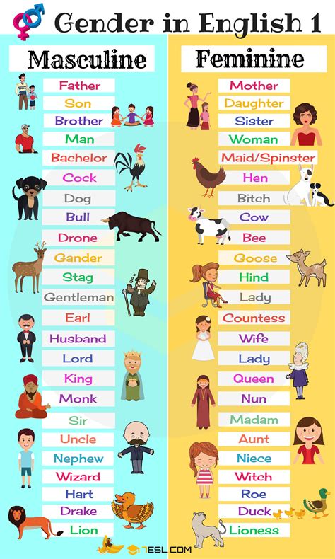 Gender of Nouns in English • 7ESL | Gender in english, English grammar, English words