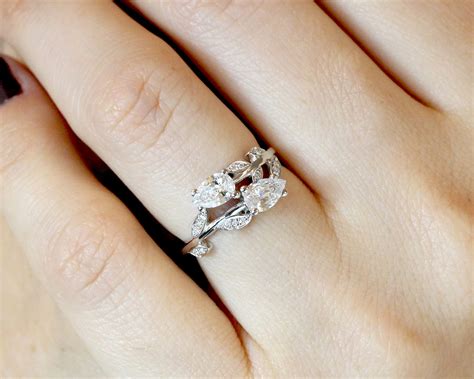 Nature Inspired Diamond Engagement Ring, Pear Cut Vintage Delicate Pear Shaped Cut Moissanite ...