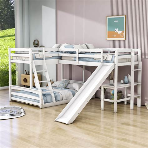 Harriet Bee Evie-Eliana Twin Over Full & Twin L-Shaped Bunk Beds with Slide and Built-In Desk ...