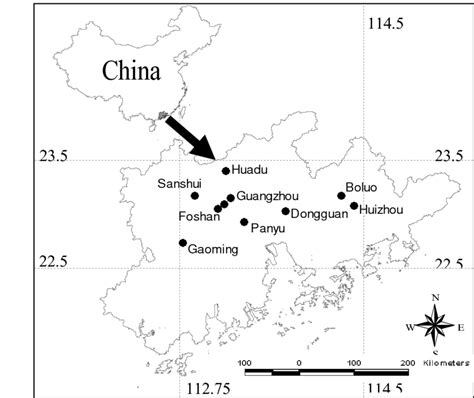 Map of the Pearl River Delta, showing the ten cities selected for the... | Download Scientific ...