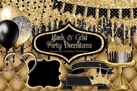 Birthday Cake Clipart Invitation Graphics Gold Party Decorations Balloon Clipart Gold Glitter ...