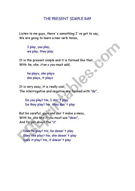 The present simple rap - ESL worksheet by pirwick2