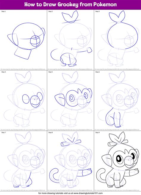 How to Draw Grookey from Pokemon printable step by step drawing sheet : DrawingTutorials101.com