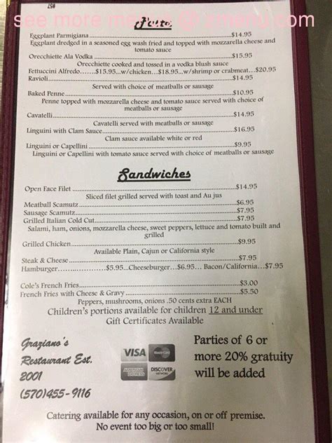 Menu at Graziano's restaurant, Beaver Meadows