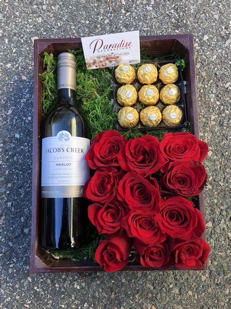 Box, roses, wine and chocolates | Wine gift box ideas, Valentines gift box, Flower box gift