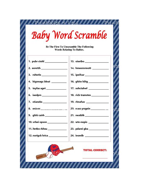 Baseball Word Scramble Game Printable Baseball Baby Shower