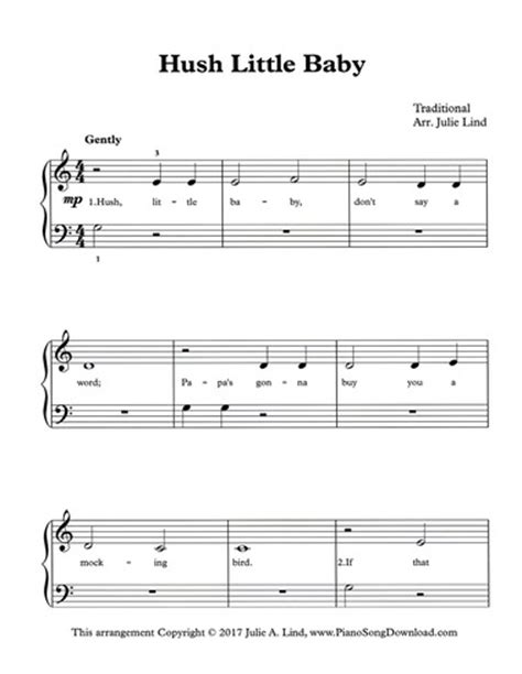 Hush Little Baby: Free easy piano sheet music with lyrics