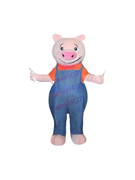 Funny Pig Mascot Costume with blue overalls adult size cartoon pig ...