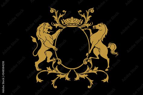 A coat of arms crest heraldic medieval rampant lion and horse for royal ...