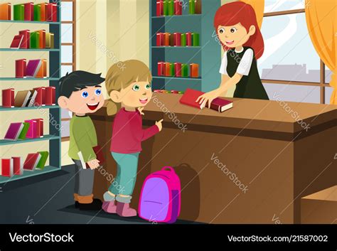 Kids borrowing books in the library Royalty Free Vector