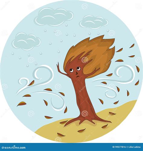 Autumn Tree Under Rain and Wind Stock Illustration - Illustration of ...