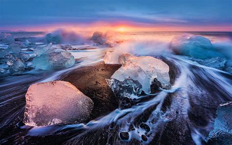 Golden light at Diamond Beach, Iceland, sunset, sky, sea, colors, ice, clouds, HD wallpaper | Peakpx