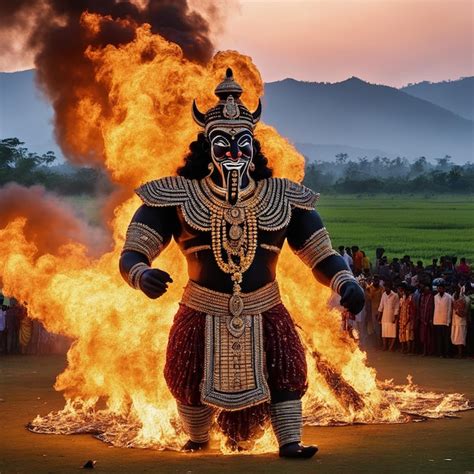 Premium AI Image | Dussehra Festival Ravan Dahan Burning