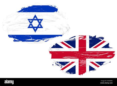 Israel and united kingdom flag together on a white stroke brush ...