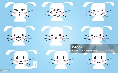 Vector Cartoon Rabbit Emoji Set Stock Illustration - Download Image Now - Animal, Animal Body ...