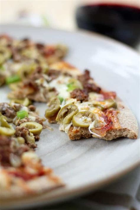 Healthy Pizzeria Style Ground Beef and Green Olives Pizza • The Healthy Foodie