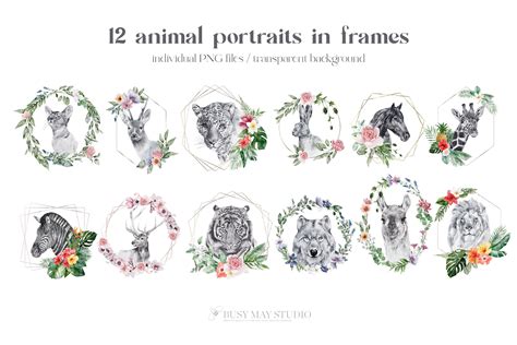 Animal Portraits With Flowers Wall Art Posters Animal Illustrations By Busy May Studio ...