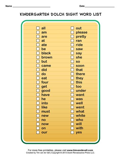 Kindergarten sight word list assessment forms - calLasi