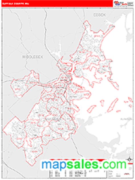 Suffolk County, MA Zip Code Wall Map Red Line Style by MarketMAPS