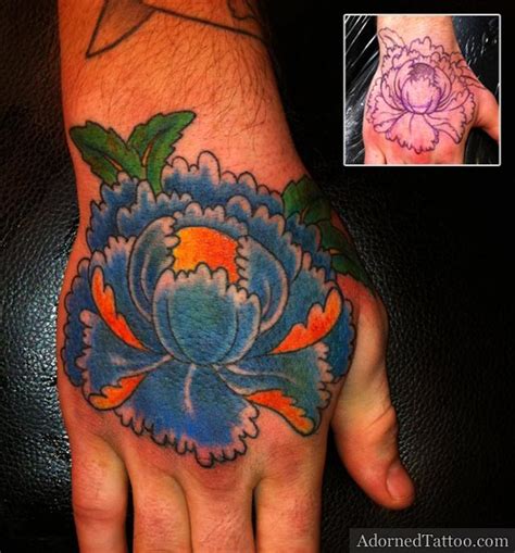 Blue Peony Hand Tattoo | Adorned Tattoo