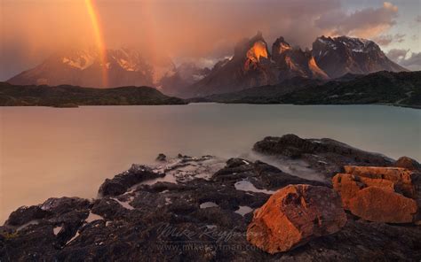 Rio Paine rapids and Cuernos del Paine. Torres del Paine National Park, Ultima Esperanza ...