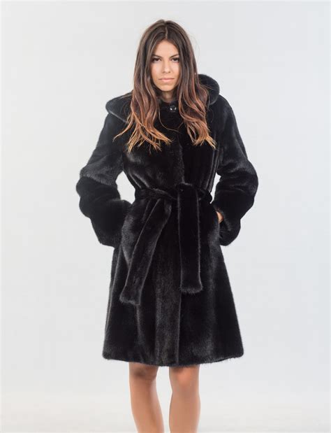 Black Mink Fur Jacket With Hood. 100% Real Fur Coats and Accessories.