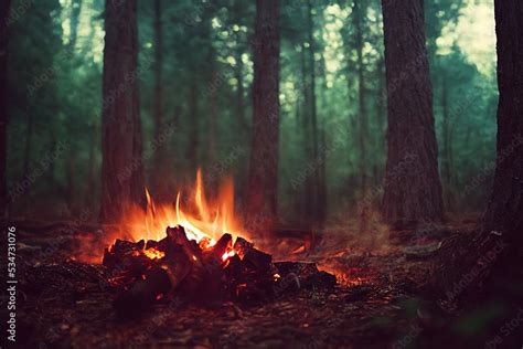 Campfire in the forest. Beautiful landscape of nature. and trees ...