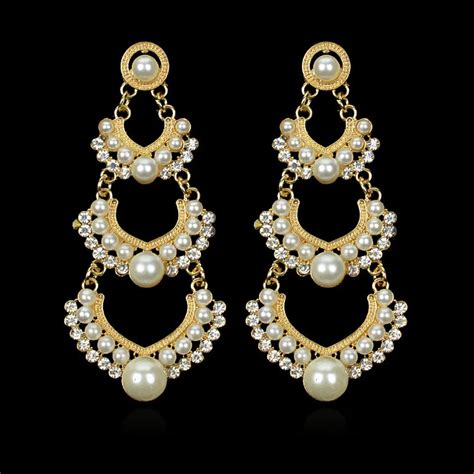 Indian Wedding Earring Chandelier Hanging Long Earrings Gold Color Multilayer Imitation Pearl ...