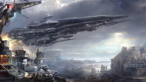 Futuristic Spaceport Cityscape - HD Wallpaper