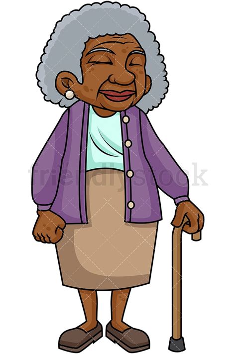 Black Old Woman With Walking Stick Cartoon Vector Clipart - FriendlyStock