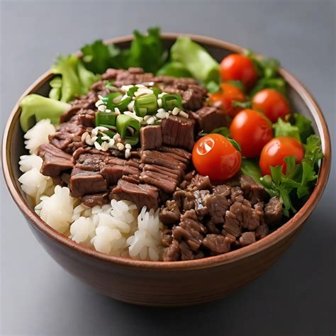 Premium AI Image | cubed shaken beef rice with white sesame on top and chopped AI