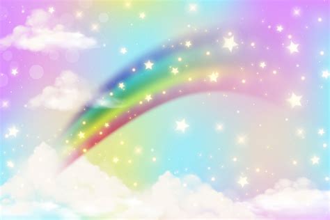 Abstract rainbow background with clouds and stars on sky. Fantasy ...