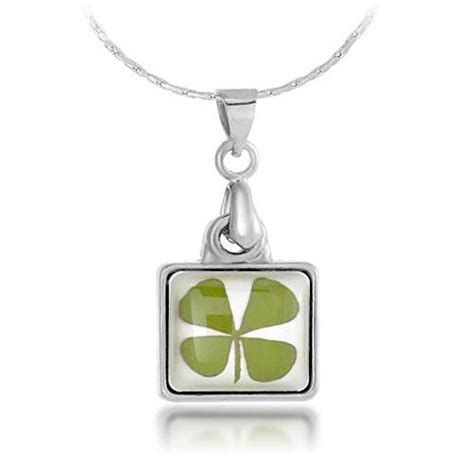 Real Irish Four Leaf Clover Small Square Pendant Necklace | Religious Jewelry