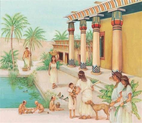 A wealthy Egyptian family relaxes by the pond in the courtyard of their ...