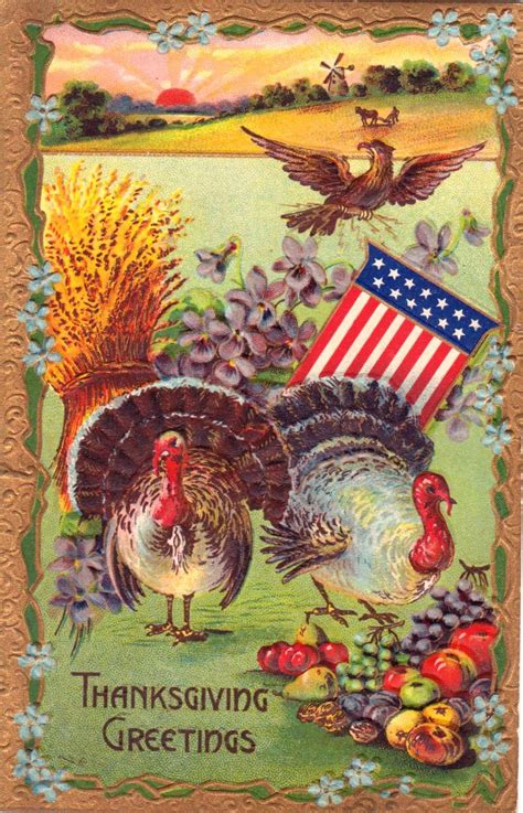 Maximum Embellishment: VINTAGE THANKSGIVING CARD - GREETINGS WITH FLAG